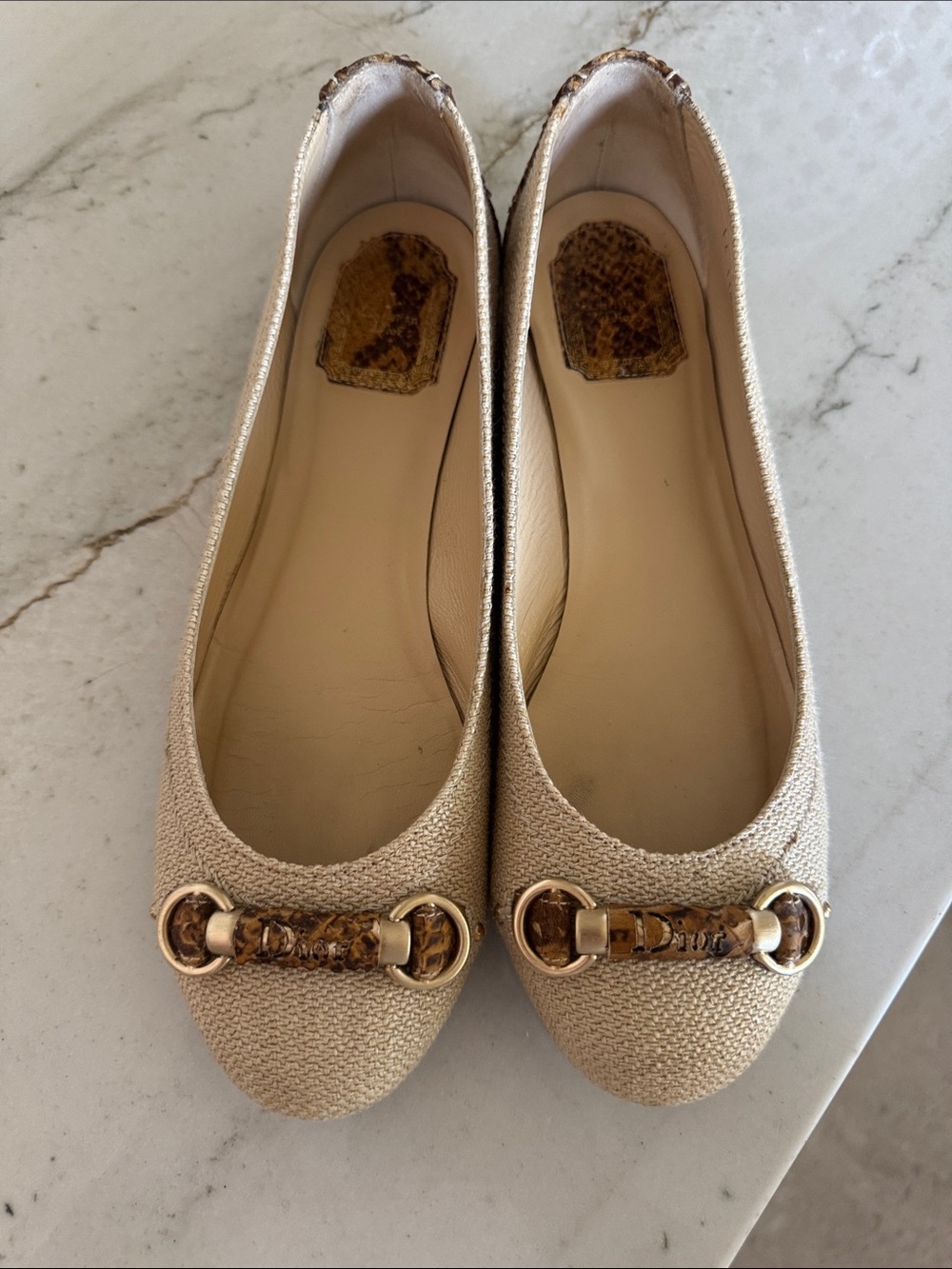 DIOR Women’s Cream Textured Ballet Flats with Gold Hardware EU 39